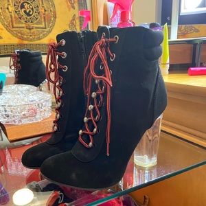 Boutique black booties, clear heel